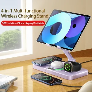 4-in-1 Wireless Charging Station Foldable Multi-function Magnetic Phone Stand Fast Charger For iPhone 16 15 iPad iWatch AirPods