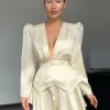 Print Dress Women's Floral Satin Mini Dress Deep V-Neck Puff Sleeves Peplum Waistband Two-Piece Party Dresses Woman Clothes