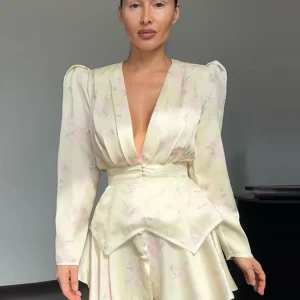 Print Dress Women's Floral Satin Mini Dress Deep V-Neck Puff Sleeves Peplum Waistband Two-Piece Party Dresses Woman Clothes