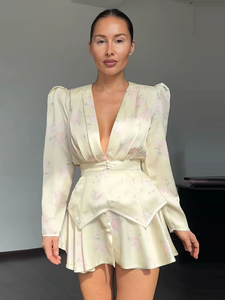 Print Dress Women's Floral Satin Mini Dress Deep V-Neck Puff Sleeves Peplum Waistband Two-Piece Party Dresses Woman Clothes